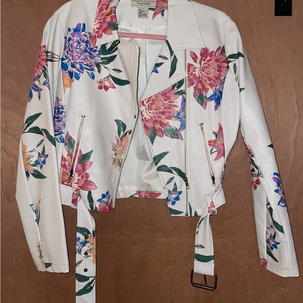 Flying Tomato Floral Leather Jacket - White with Multicolor Design